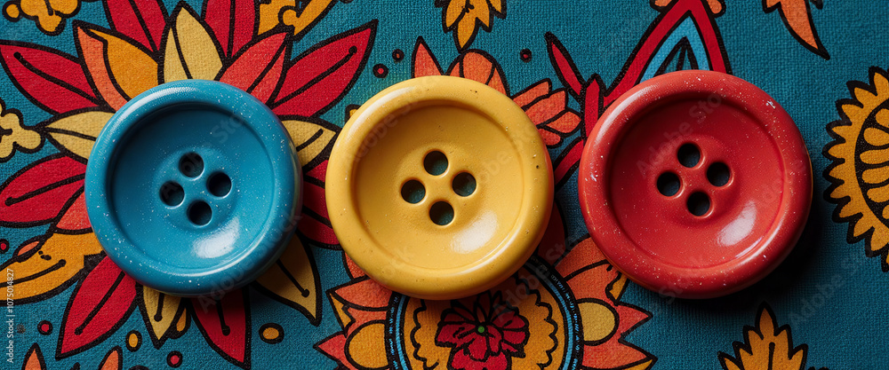 Poster three buttons are shown on a blue and yellow background. the buttons are different colors and sizes,
