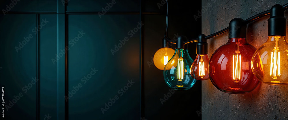 Poster a row of colorful light bulbs hanging from a wall. the bulbs are of different colors and sizes, crea