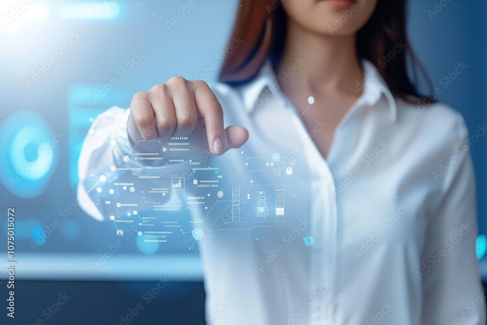 Poster woman in a white shirt interacting with a virtual touch interface displaying digital data and graphi