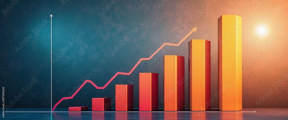 Poster a graph with a red line and orange bars showing a rise in numbers. the graph is on a blue background