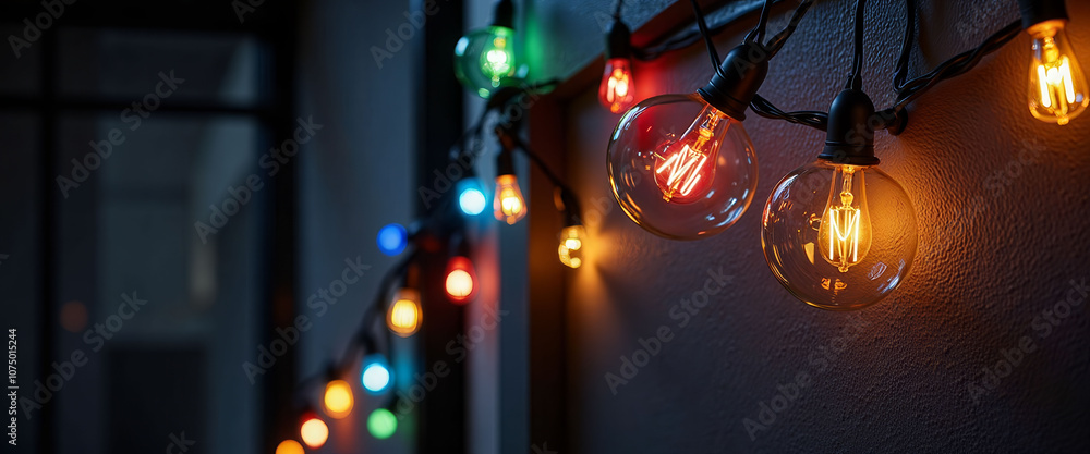 Poster a row of colorful light bulbs hanging from a wall. the bulbs are of different colors and sizes, crea