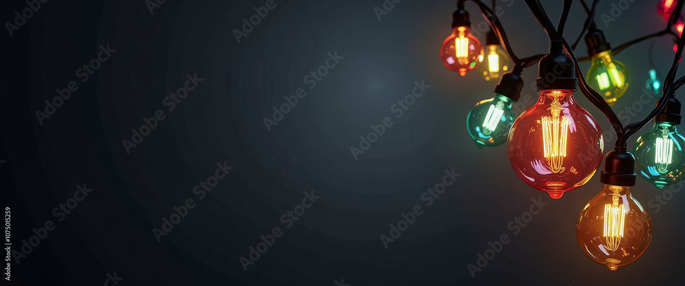 Poster a row of colorful light bulbs hanging from a wall. the bulbs are of different colors and sizes, crea