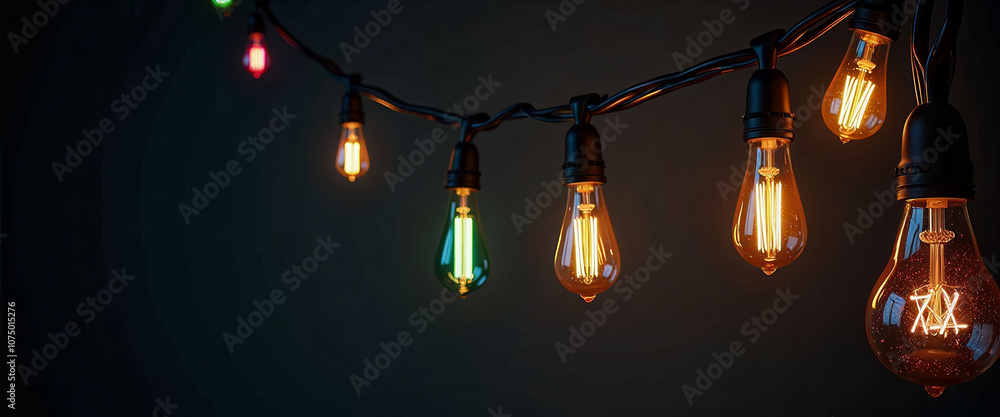 Poster a row of colorful light bulbs hanging from a wall. the bulbs are of different colors and sizes, crea