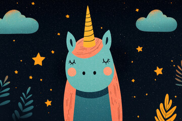 Whimsical illustration of a cute unicorn with a yellow horn, surrounded by stars, clouds, and leaves. Perfect for fairytale-inspired designs.