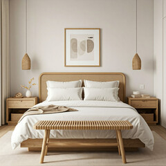 bedroom with bed and pillows, Scandinavian style 