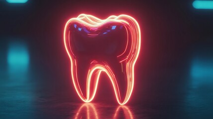 Futuristic Tooth Hologram with Neon Glow on a Dark Background. AI generated illustration