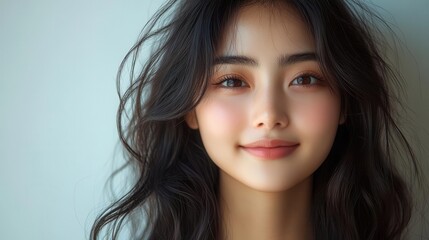 cheerful portrait of a smiling asian woman in casual attire, radiating positivity, with long black hair and a bright demeanor, set against a clean white background that enhances her joyful expression