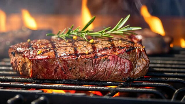 Large beef steak on a barbecue grill.