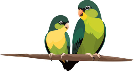 Parrot illustrated with a vibrant mix of green, blue, and red feathers, capturing a curious and expressive look.