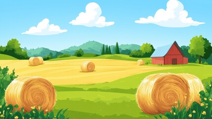 Scenic farm background with green fields, hay bales, and a blue sky, isolated on white