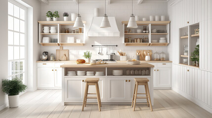 Scandinavian kitchen with minimalist white cabinets, light oak countertops, open shelving displaying ceramic dishes, and hanging pendant lights above an island. interiors 