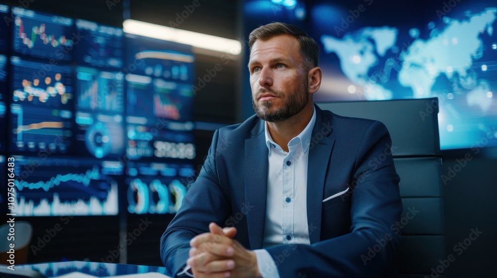 Aufkleber serious businessman in a suit sitting at a desk, analyzing multiple digital screens displaying data 