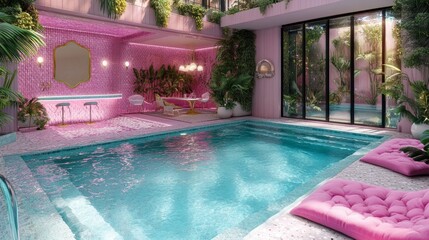 Obraz premium 3D Barbiecore pink pool with glamorous pink decor, vintage accents, and a mix of retro and modern touches for a unique vibe