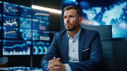 Serious businessman in a suit sitting at a desk, analyzing multiple digital screens displaying data and analytics in a modern office setting.