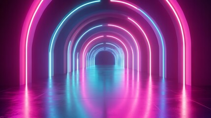 Neon Glowing Arches in a Futuristic Abstract Scene with Vibrant Colors. AI generated illustration