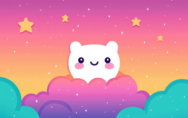Fototapeta premium Cute white cartoon bear peeks out from colorful clouds against a starry gradient sky at twilight, featuring smiling stars for a whimsical illustration.