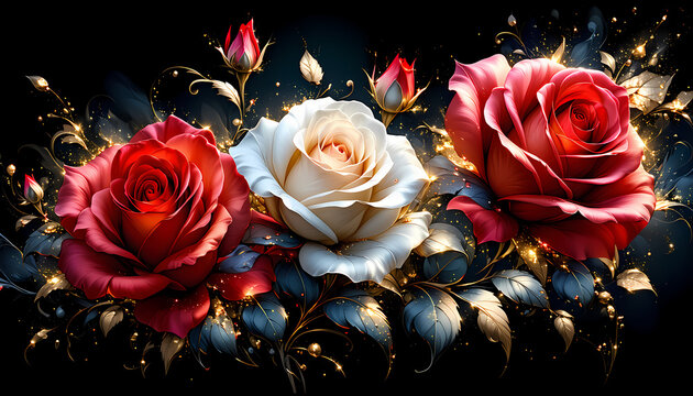Bl&uuml;hende wei&szlig;e und rote Rosen mit Goldstaub der glitzert und leuchtet auf schwarzen Hintergrund.