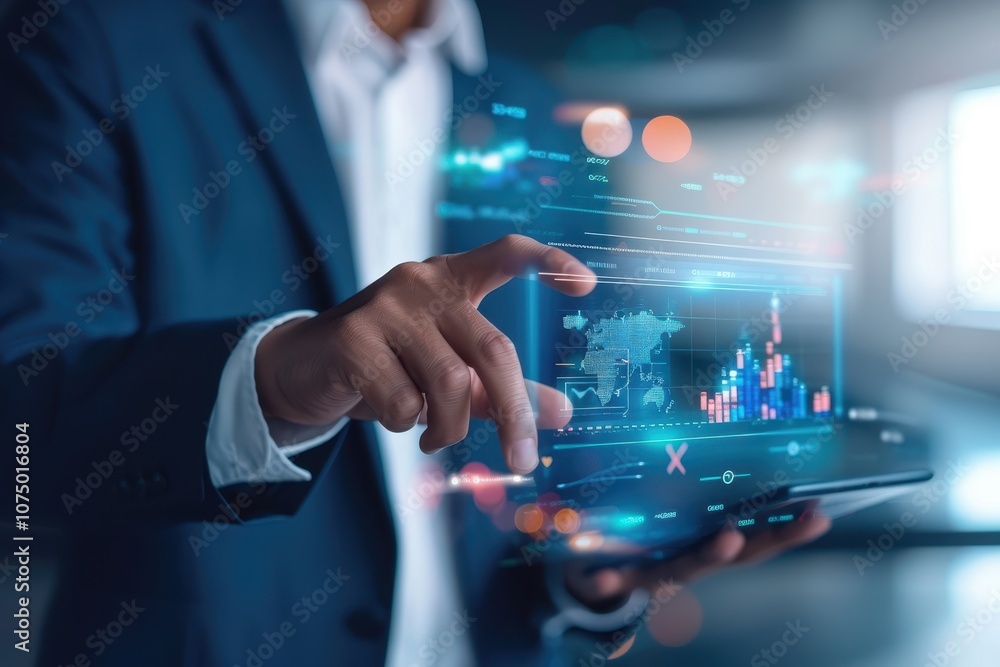 Poster business professional using futuristic digital tablet with data visualization interface