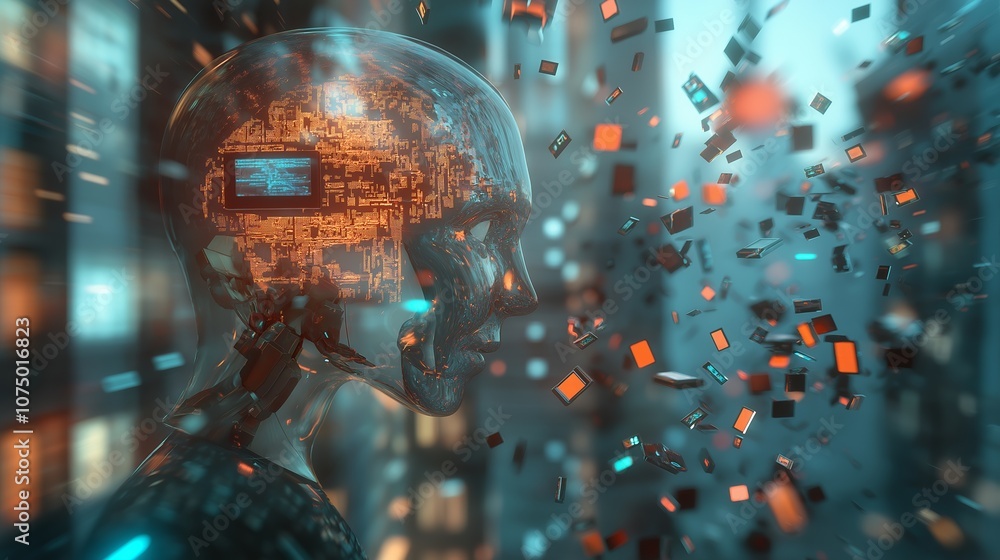 Poster a humanoid robot holds digital gadgets and digital data streams. the concept of the development of m