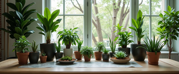 A row of potted plants sit on a wooden table, with some of them being tall and others being short. The plants are arranged in a way that creates a sense of balance and harmony