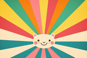 Colorful abstract illustration featuring a cute smiling face in the center with radiating multicolored rays. Playful and vibrant design for all ages.