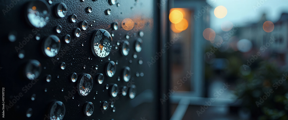 Poster a blurry image of a street with raindrops on the window. the raindrops are scattered all over the wi