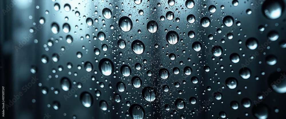 Poster a blurry image of a street with raindrops on the window. the raindrops are scattered all over the wi