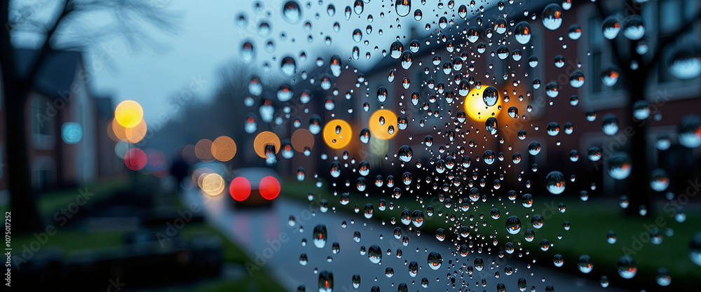 Poster a blurry image of a street with raindrops on the window. the raindrops are scattered all over the wi