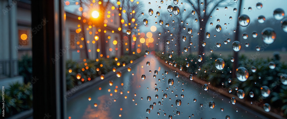Poster a blurry image of a street with raindrops on the window. the raindrops are scattered all over the wi