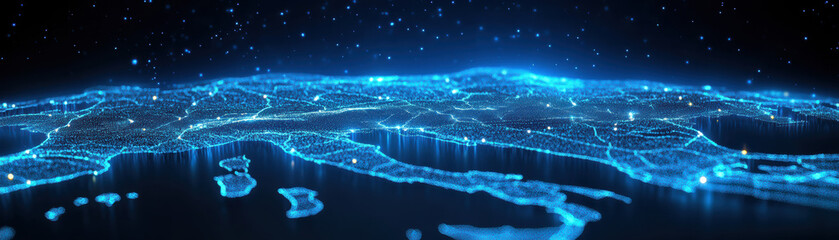 A stunning digital art representation of Europe glowing with blue lights, depicting a futuristic landscape. Perfect for technology and innovation themes.