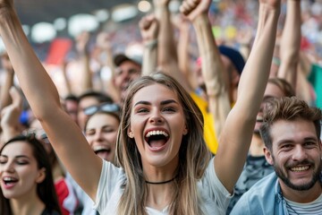 Fototapeta premium Group of enthusiastic sports fans celebrating a match with arms raised in jubilation.