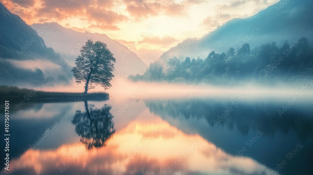 Poster serene landscape with misty mountains and reflection of a lone tree at dawn, capturing the tranquili
