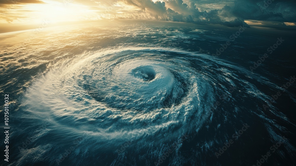 Poster a significant hurricane develops over the ocean, showcasing swirling clouds and turbulent waters aga