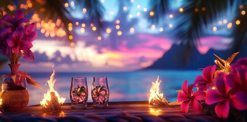 Tropical Tiki Party Scene with Burning Torches and Ocean View at Twilight. AI generated illustration