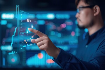 Fototapeta premium Business analyst interacting with futuristic digital interface displaying data analytics