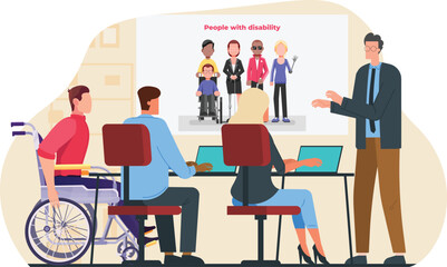 Disability sensitivity workshop at office for disability awareness training at workplace employees round table meeting discussion with disables presentation.  employees in a round-table discussion .