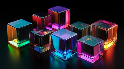 Abstract Isometric Composition of Colorful Glass Cubes with Holographic Effects. AI generated illustration