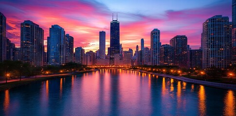 Obraz premium Aerial Photograph of Chicago Skyline at Sunset. AI generated illustration