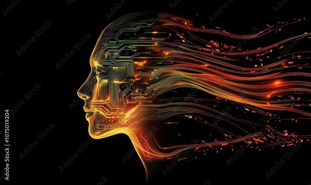 Poster digital face profile with flowing circuits and lights, abstract technology concept
