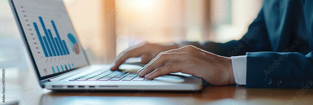Poster close-up of a business professional's hands typing on a laptop with data charts and graphs displayed