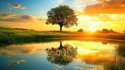 Beautiful Sunset Over Calm Lake with Reflection of a Tree and Colorful Sky in a Peaceful Natural Landscape