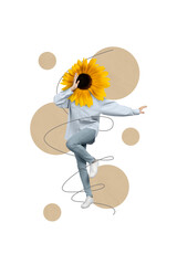 Collage photo of young headless girl wear stylish oversize shirt denim jeans dancing flower face...