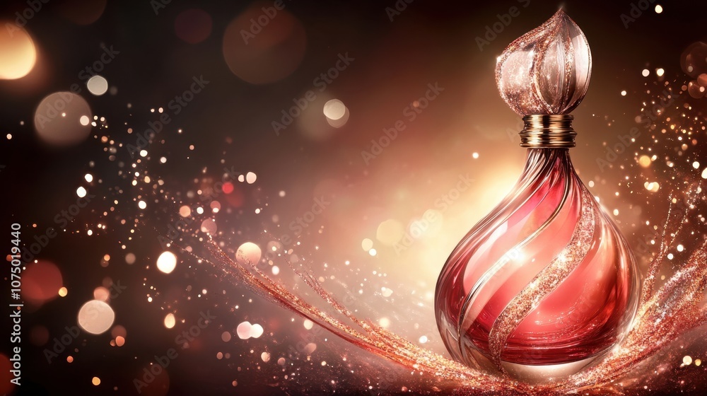 Poster gorgeous glass perfume bottle with intricate design surrounded by sparkling bokeh lights on a soft f