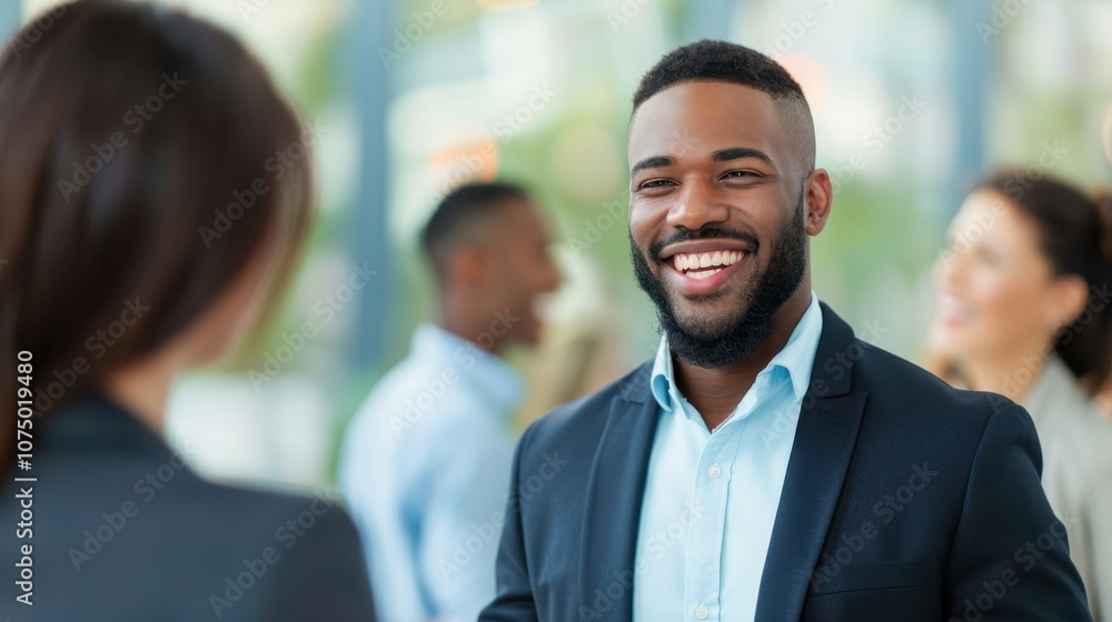 Poster smiling man in business attire at a networking event, engaged in conversation with colleagues in a m