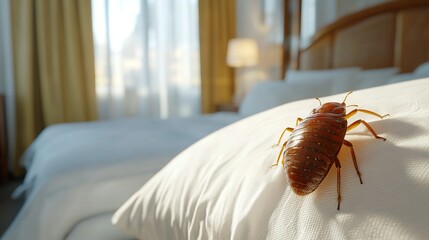 Close-Up of a Bed Bug on a Soft Pillow in a Sunlit Bedroom. AI generated illustration