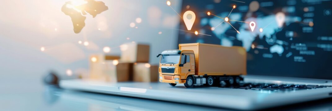 Logistics and Supply Chain Concept with Delivery Truck on Laptop and Location Pins on World Map Background - Powered by Adobe