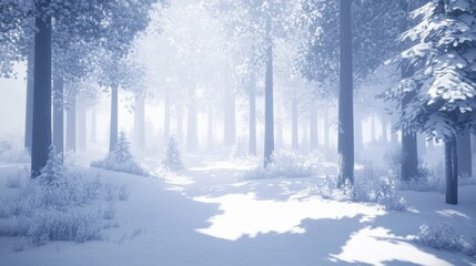 Serene Winter Landscape with Snow-Filled Forest and Soft Morning Light Filtering Through Trees in a Quiet, Ethereal Environment