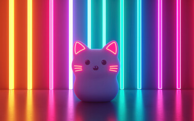 Cute neon cat figurine glowing with vibrant pink ears and whiskers, set against a colorful LED light strip background in the dark.