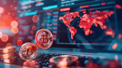 Bitcoin Cryptocurrency on Laptop Keyboard with Global Market Data Display