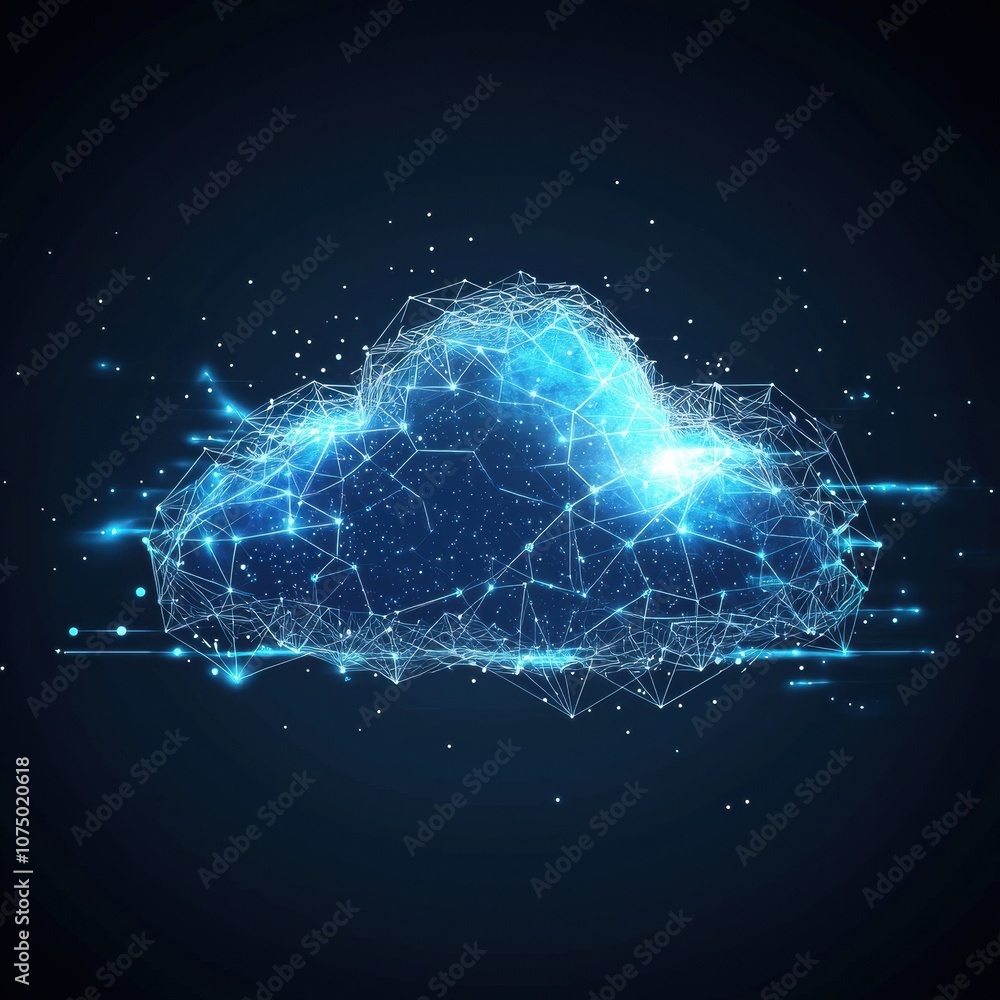Poster cloud computing technology connecting digital elements on dark blue background